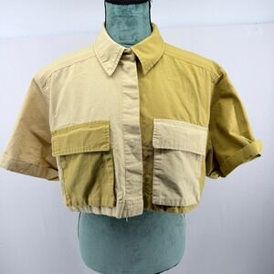 Zara Two Tone Colorblock Cropped Utility Jacket Tan Khaki Short Sleeve Medium